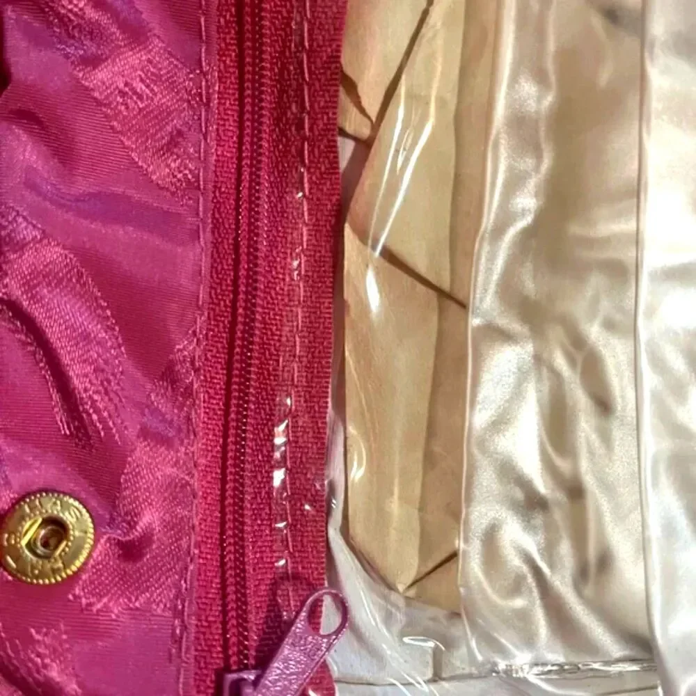 Vintage 60s/70s Satin Travel Toiletry Set NOS Complete Fuchsia Pink Hanging Bag
